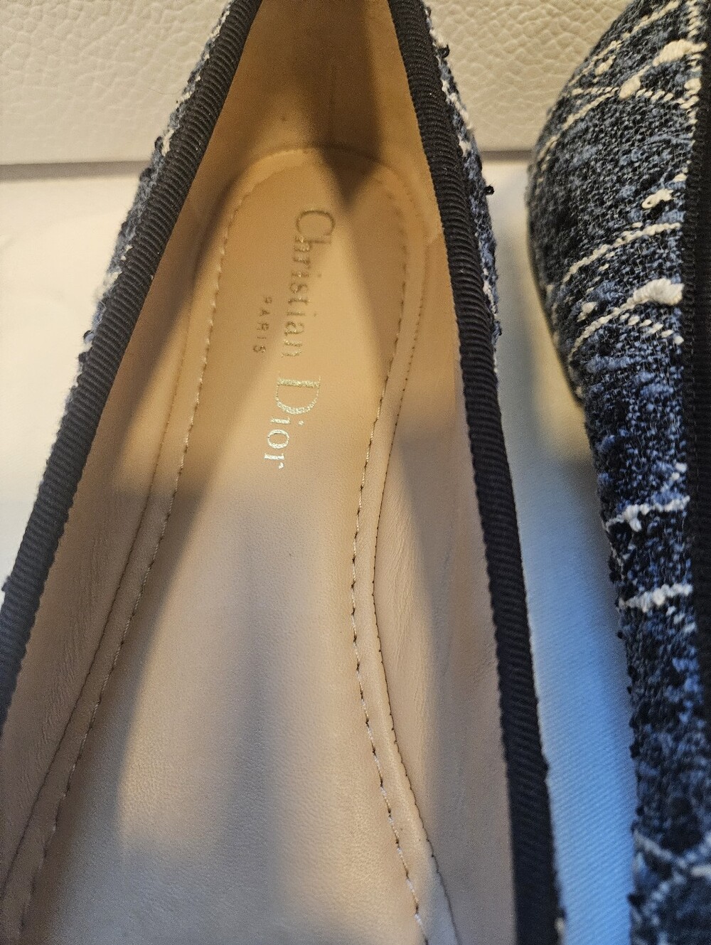 DIOR Blue Denim and White Cannage Tweed Pearl Bow Ballet Size 39 - Picture 6 of 8